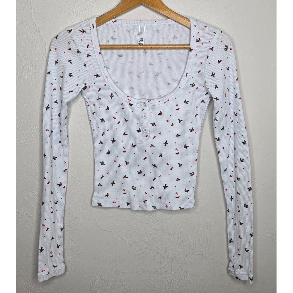 SKIMS Long Sleeve Sleep Top Waffle Knit‎ Pajama Shirt Christmas Size XS Cotton